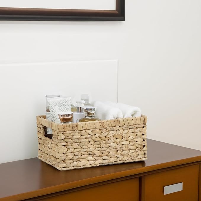 Wicker Basket, Water Hyacinth Baskets for Organizing, Rectangular Wicker Storage Basket for Shelves, Decorative Storage Bin with Built-in Handles (Medium)