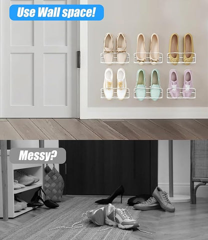 Wall Mounted Shoe Rack 6 Pack, with Sticky Hanging Strips, Metal Wall Shoe Storage, Hanging Shoe Organizer for Door/RV/Wall