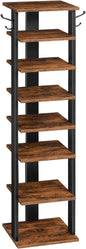 HOOBRO 8 Tiers Vertical Shoe Rack, Wooden Shoe Storage Organizer with Hooks, Narrow Shoe Tower for 8 Pairs, Space Saving, for Entryway, Living Room, Bedroom, Rustic Brown BF07XJ01G1