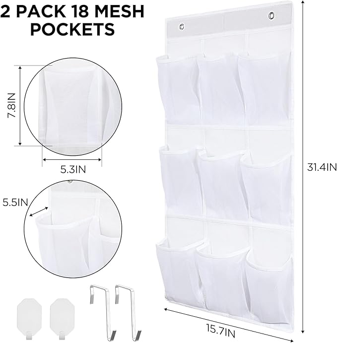 Dansydaisy 2 Pack 18 Pocket Wall Hanging Shoe Rack for Closet RV Shoe Storage with 8 Hooks over the Door Shoes Holder Organizer for Bathroom, RV, Pantry, Camping(White)