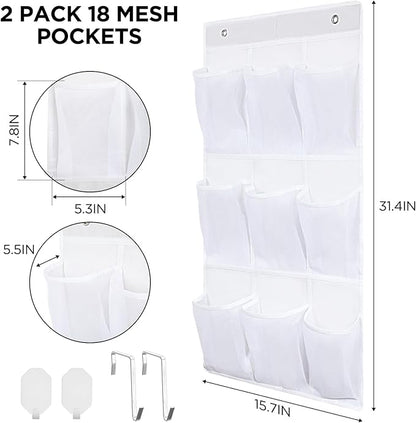 Dansydaisy 2 Pack 18 Pocket Wall Hanging Shoe Rack for Closet RV Shoe Storage with 8 Hooks over the Door Shoes Holder Organizer for Bathroom, RV, Pantry, Camping(White)