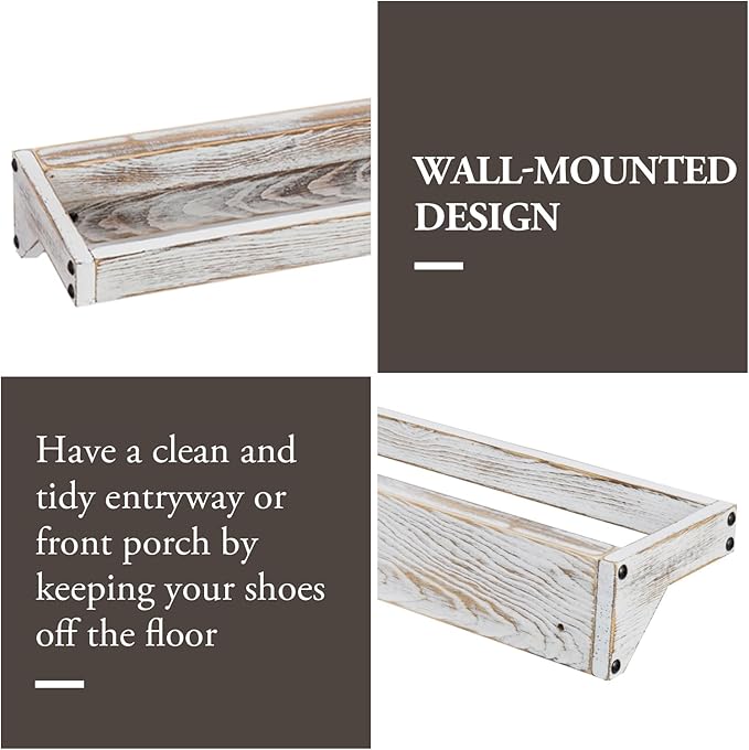 MyGift Set of 4 Shabby White Washed Solid Wood Hanging Shoe Storage Organizer Racks, Wall Mounted Space Saving Footwear Holder for Closet, Mudroom, Entryway, Holds 8 Pairs