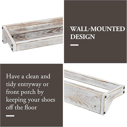 MyGift Set of 4 Shabby White Washed Solid Wood Hanging Shoe Storage Organizer Racks, Wall Mounted Space Saving Footwear Holder for Closet, Mudroom, Entryway, Holds 8 Pairs