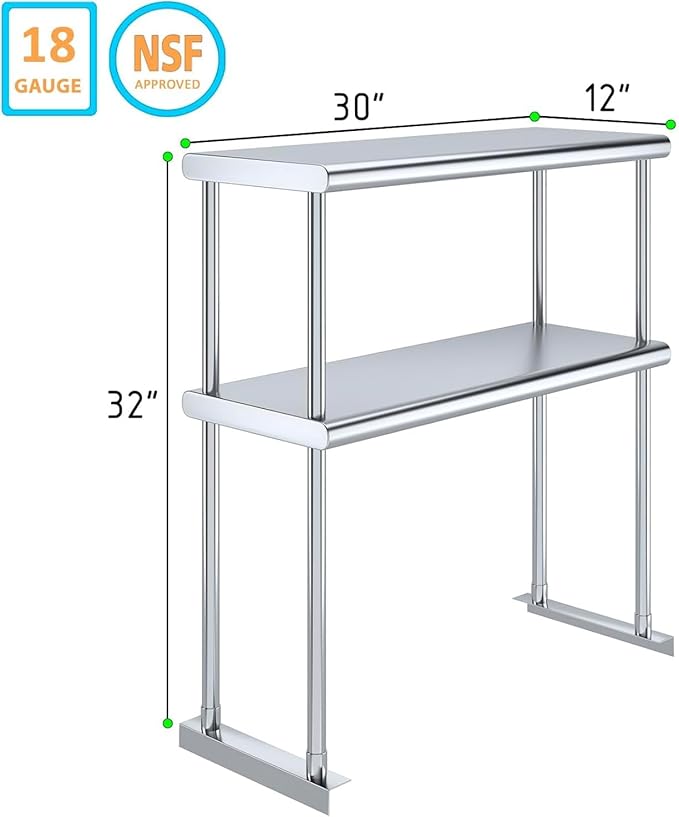 30" x 12" NSF Stainless Steel Double Overshelf | 18-Gauge Heavy-Duty | Includes Brackets