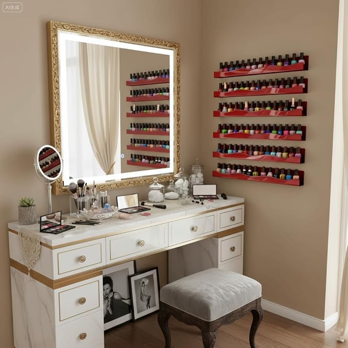 6 Pack Nail Polish Organizer,15 Inch Nail Polish rack for 66-90 Bottles, Dark Red