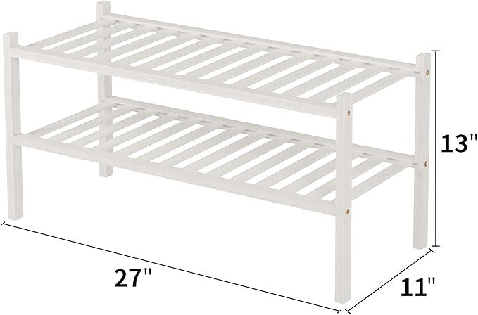 ROMGUAR CRAFT 2 Tier Bamboo Shoe Rack for Closet Free Standing Wood Shoe Shelf for Entryway Small Space Stackable 27"x11"x13" (White)