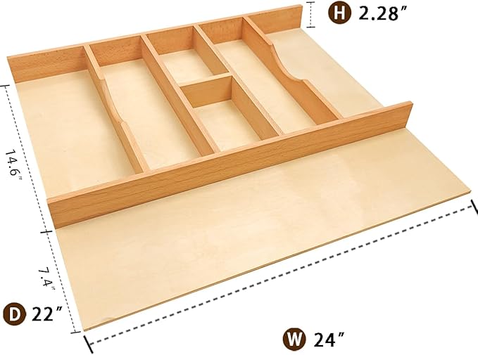 Silverware Drawer Organizer - Trim-to-Fit with Adjustable Dividers for Kitchen Utensil Storage, Beech Wood Frame with 11 Sizes (24" W x 22" D)