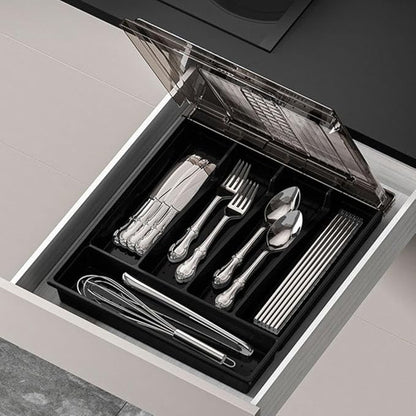 Utensil Tray with Lid, 6 Compartments Covered Silverware Organizer Case for Spoons Forks, Plastic Cutlery and Flatware Storage Box for Kitchen Drawer and Countertop(black)