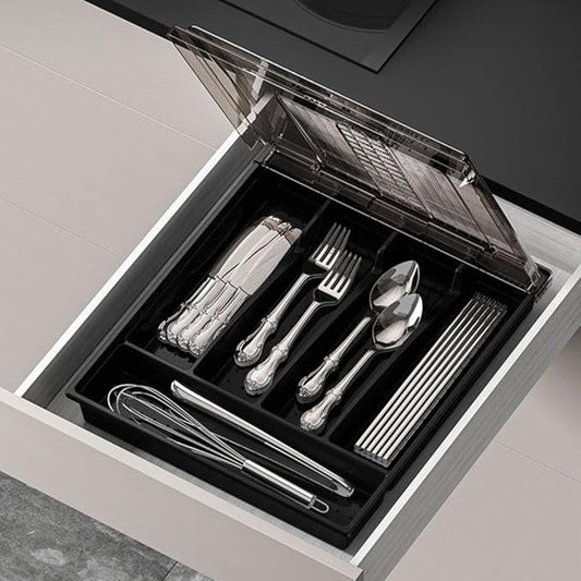 Utensil Tray with Lid, 6 Compartments Covered Silverware Organizer Case for Spoons Forks, Plastic Cutlery and Flatware Storage Box for Kitchen Drawer and Countertop(black)