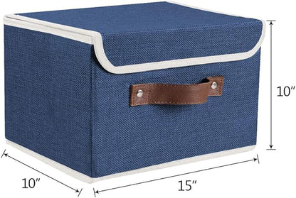 Lucky Monet Storage Bins Boxes with Lids 2 Pack Decorative Storage Boxes Collapsible Fabric Storage Basket Containers Lidded Storage Cube for Organizing Closet Home Office, 15"x 10"x 10" (Blue)