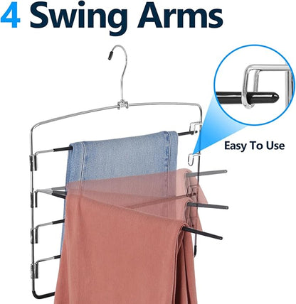 Pants Hangers 4 Pieces,5 Tier Closet Organizers and Storage Clothes Hanger,Hangers Space Saving with Swing Arm,Multiple Metal Hanger Clothes Organization for Pants Trousers Jeans Leggings Slacks