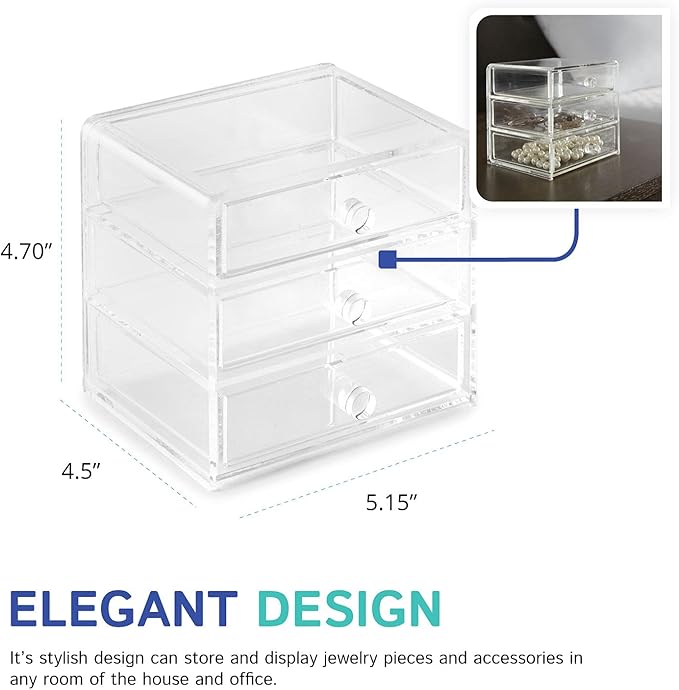 Huang Acrylic Clear Acrylic 3-Drawer Organizer, Large Makeup Jewelry Accessories Cosmetic Countertop Storage Display 5.15 x 4.7 x 4.5 inches