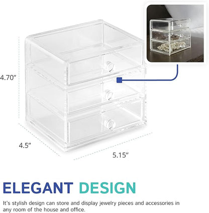 Huang Acrylic Clear Acrylic 3-Drawer Organizer, Large Makeup Jewelry Accessories Cosmetic Countertop Storage Display 5.15 x 4.7 x 4.5 inches
