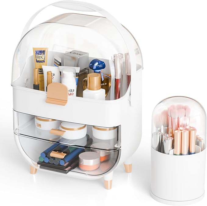 Yieach Makeup Skincare Organizer for Face Care Beauty Product,and Countertop Makeup Organizer with Cover,Make up Brush Holder,Large Capacity Cosmetic Storage Box & Caddy for Bathroom,Dresser,White
