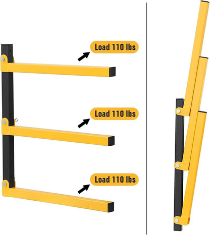 3-Level Collapsible Lumber Metal Storage Rack, Wall-Mounted Wood Organizer for Indoor and Outdoor Use, 2 Pack
