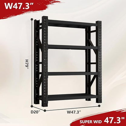 4000lbs Garage Shelving Heavy Duty, 4-Tier Metal Adjustable Garage Shelves, Storage Shelves for Warehouse, Pantry, Basement, 47.3" W X 20" D X 79" H (Black, 47.3x20x79)