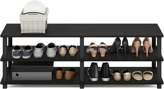 Furinno TURN-S-TUBE Shoe Rack, 3-Tier Wide Shoe Organizer, Open Shelf Rectangular Shoe Storage Rack, 11.6 x 47.2 x 15.4, Toolless Assembly, for Closet Entryway, Office, Garage, Espresso
