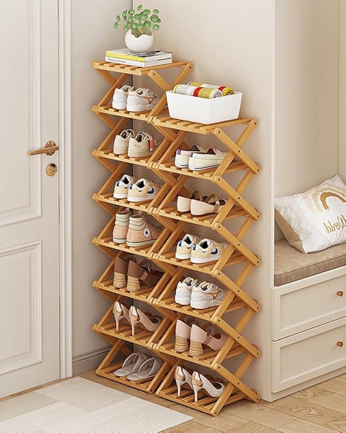 YYW Shoe Rack, Foldable Bamboo Shoes Shelf, Freestanding Shoe Storage Organiser for Entryway, Hallway, Bedroom, Closet (Brown, 3 Layers)