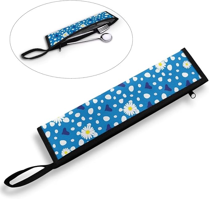 COEQINE Blue Floral Travel Silverware Case Cutlery Pouch Metal Straws Case Lightweight Portable Leafproof Flatware Organizer Case With Handles Camping Work Carry Utensil Bag