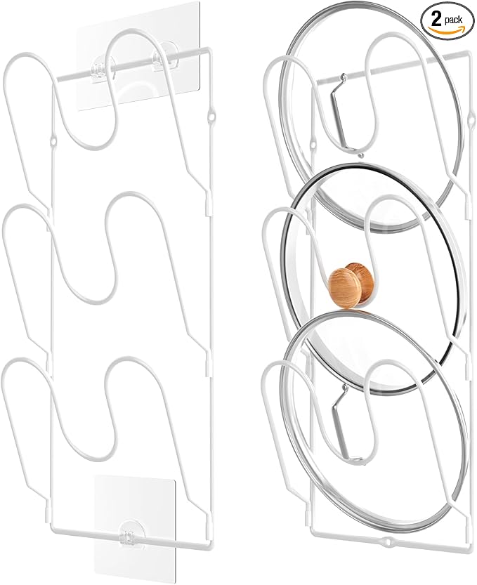 2 Pack Pot Lid Organizer Rack for Cabinet Door/Wall, 6-Tier Pot Lid Holders inside Cabinet Door, No Drilling Adhesive Wall/Door Mounted Rustproof Pots and Pans Lid Organizers for Kitchen Storage White