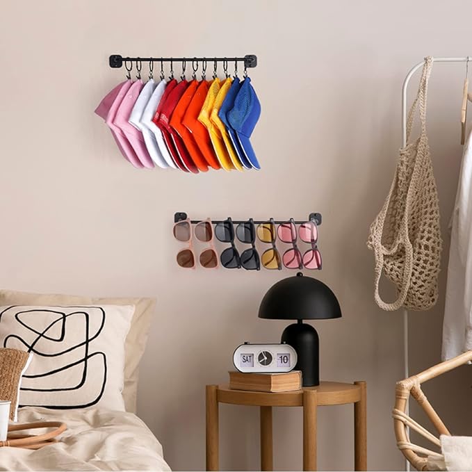 Hat Rack Wall Mount 24 Baseball Caps, Modern Metal Hook with 12 Clips and 12 Hooks Holder Storage Display for Closet Bedroom Entryway Laundry, 2 Pack Black