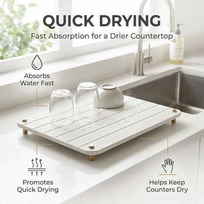 Razborci Stone Dish Drying Mat for Kitchen Counter, Water Absorbing Bathroom Tray Sink Organizer, Diatomaceous Earth Countertop Dish Rack Riser Sponge Holder Soap Dish, Gold White, 16" x 12"