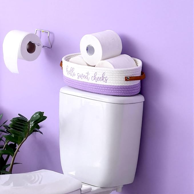 Hello Sweet Cheeks Bathroom Decoration Purple and White Cotton Rope Toilet Basket Toilet Paper Holder Basket Rustic Bathroom Organizer Farmhouse Home Decoration Organizing Small Baskets