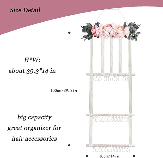 Headband Holder Bow Organizer for Girls, Hair Clips Bows Holder Baby Headbands Storage Personalized Hair Accessories Storage Organizer Wall Hanging Decor for Nursery Room Closet
