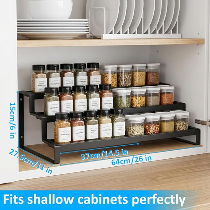 Expandable Spice Rack Organizer for Cabinet, Metal Spice Organizer Adjustable Length, Seasoning & Pantry Organization Shelf 3-Tier, Non-Skid Step Shelf for Kitchen Cabinet, Pantry or Countertop