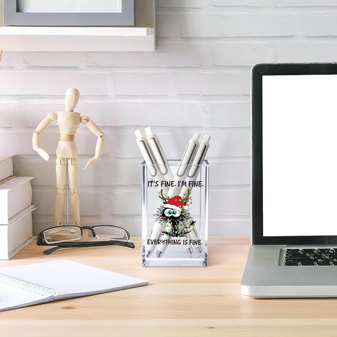 It's Fine I'm Fine Acrylic Cosmetic Pencil Pen Holder Cup, Funny Black Cat Pen Holder Cup, Cute Christmas Gifts for Women Men, Office Sarcastic Gifts for Women Men Colleague Boss