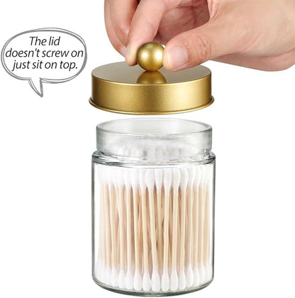 Apothecary Jar Canisters Bathroom Vanity Organizer - Qtip Holder Storage Organizer Countertop -Stainless Steel Lids &Cute Stickers for Qtips,Cotton Swabs,Makeup Sponges,Floss(3 Pack) (Gold)