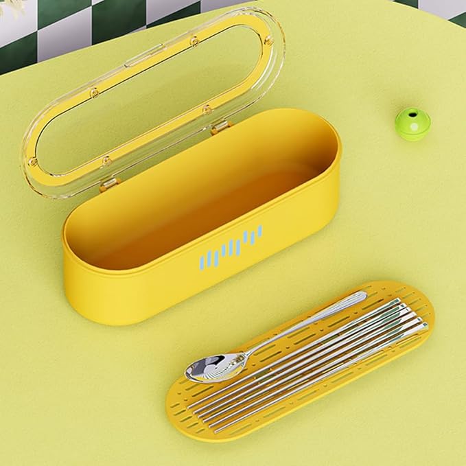 Silverware Organizer with Lid and Drainer, Covered Utensil Tray for Kitchen Drawer and Countertop, Yellow Plastic Cutlery and Flatware Storage Box for Spoons Forks Knives Holder Case