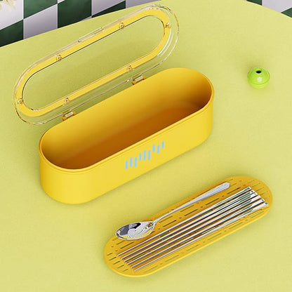 Silverware Organizer with Lid and Drainer, Covered Utensil Tray for Kitchen Drawer and Countertop, Yellow Plastic Cutlery and Flatware Storage Box for Spoons Forks Knives Holder Case