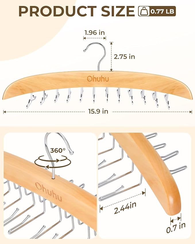 Tie Rack Hanger for Closet: Ohuhu 2 Packs 24 Folding Hooks Tie Hangers for Men Wooden Tie Holder Organizer Space Saving Necktie Storage 360 Degree Rotating Ties Belts Scarves Tank Tops-Burlywood