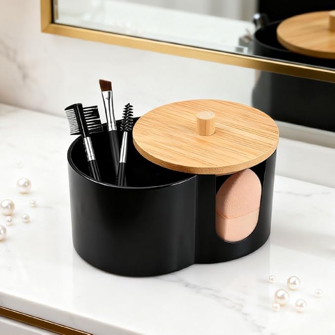 2- Grid Q-tip Holder for Bathroom, Cotton Swab Holder with Removable Dustproof Lid for Cotton Swabs, Rounds, Balls(COLOR:Black)