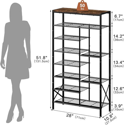 8-Tier Shoe Rack, Shoe Storage Organizer with Boots Storage, Large Capacity Shoe Shelf Holds 20-23 Pairs of Shoes, Durable and Stable, for Entryway, Closet, Hallway, Dorm Room, Rustic Brown