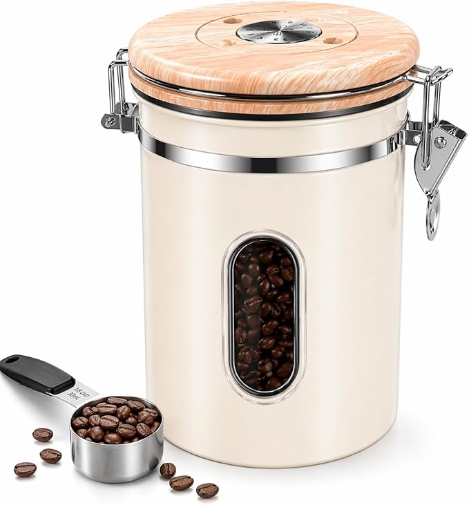 22oz Coffee Canister Airtight Stainless Steel Coffee Bean Storage Container with Date Tracker & Window, One-Way CO2 Valve, Metal Scoop, Kitchen Food Storage Jar for Coffee Beans Tea Sugar Rice
