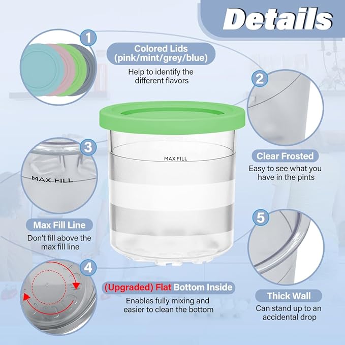 NANOBABY Pint Containers and Lids Replacement Compatible with Ninja CREAMi 7-in-1 Ice Cream Maker, 16oz Pint Cup Replacement for Ninja Creami NC300 Series,NC301 NC299AMZ CN305A CN301CO,4-Pack,BPA Free
