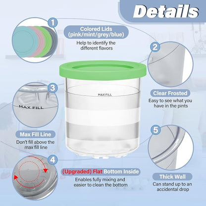 NANOBABY Pint Containers and Lids Replacement Compatible with Ninja CREAMi 7-in-1 Ice Cream Maker, 16oz Pint Cup Replacement for Ninja Creami NC300 Series,NC301 NC299AMZ CN305A CN301CO,4-Pack,BPA Free