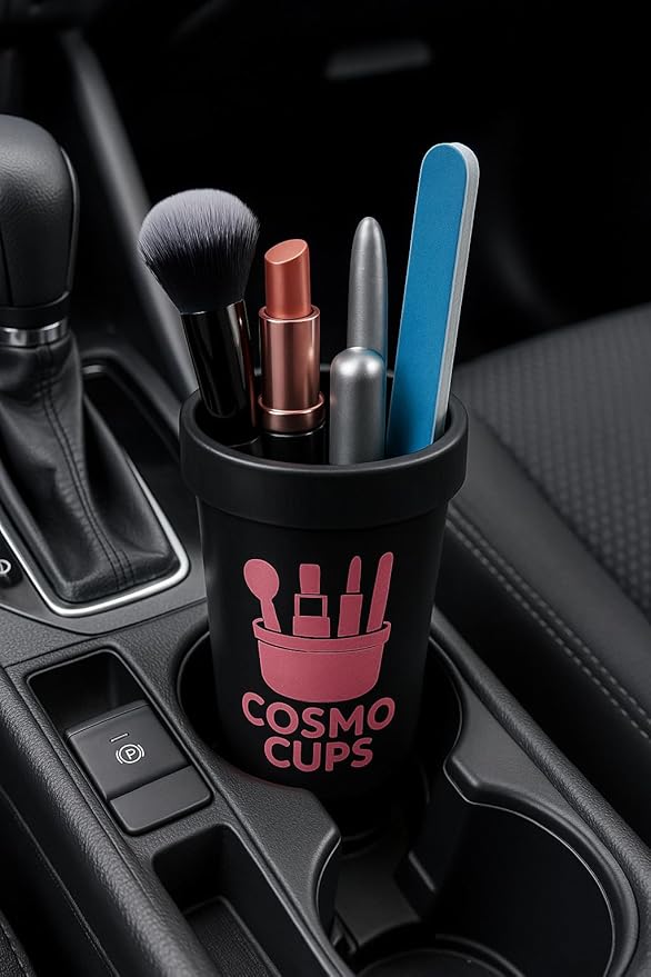 CosmoCups Car Makeup Brush Cup Holder, Decorative Pot Design, Cosmetic Organizer Storage Container for Beauty Tools and Accessories for Cars and Home
