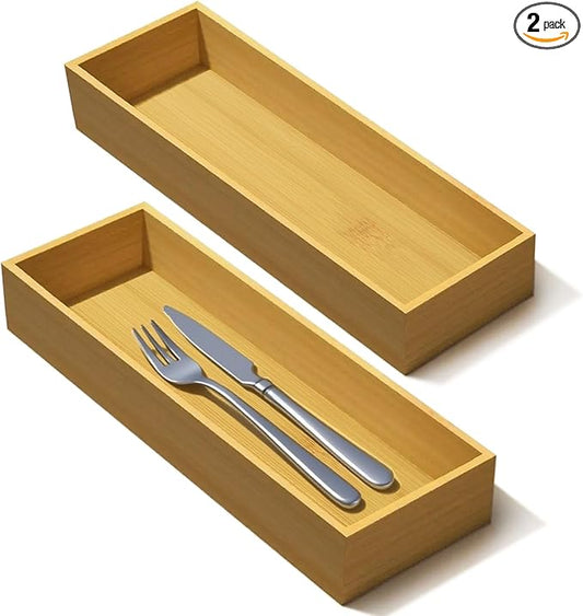 guiogc Bamboo Drawer Silverware Organizer, Utensil Organizer, Bamboo Storage Box Wood Silverware Tray for Drawer Set of 2