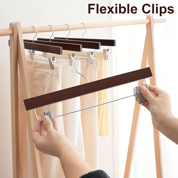 BAGAIL 20 Pack Wooden Pants Hangers with Adjustable Clips, 360°Swivel Hook Space Saving Skirt Holders with Anti-Rust Clips for Trousers, Jeans, Shorts(Walnut)