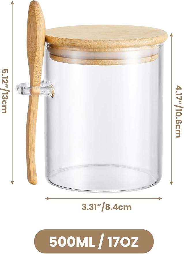 NiHome 17 oz Glass Salt Cellar with Bamboo Lid and Spoon, Integrated Design Clear Container for Salt, Sugar, Coffee Beans, Snack Nuts, Kitchen Spice Storage