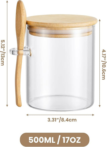 NiHome 17 oz Glass Salt Cellar with Bamboo Lid and Spoon, Integrated Design Clear Container for Salt, Sugar, Coffee Beans, Snack Nuts, Kitchen Spice Storage