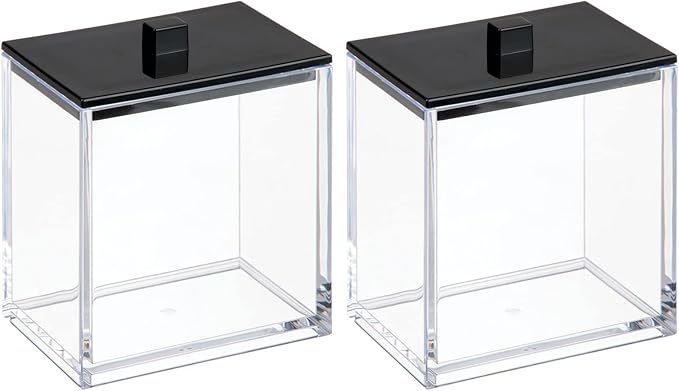 mDesign Plastic Rectangle Apothecary Canister - Organizer for Bathroom Vanity Countertop Shelf Decor - Holds Cotton Swabs, Soap, Makeup, Bath Salts - Lumiere Collection - 2 Pack - Clear/Matte Black