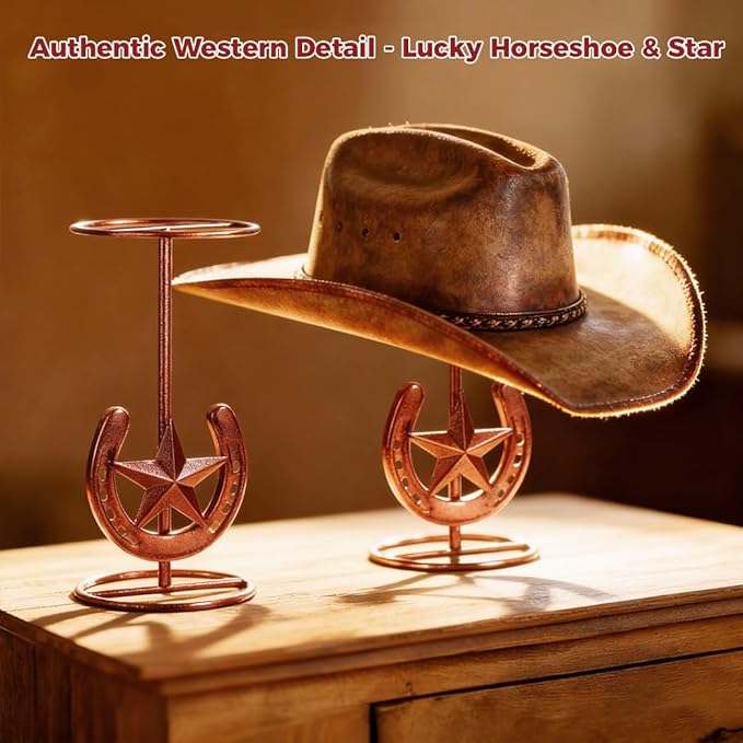 2 PCS Cowboy Hat Stand, Cowboy Hat Holder, Hat Display Stand, Western Horseshoe Decor, Desk Hat Rack for Fedora Sun Straw Hats, Tabletop Hat Stands, Iron, Bronze Finish, 5.1 x 5.1 x 11.5 in