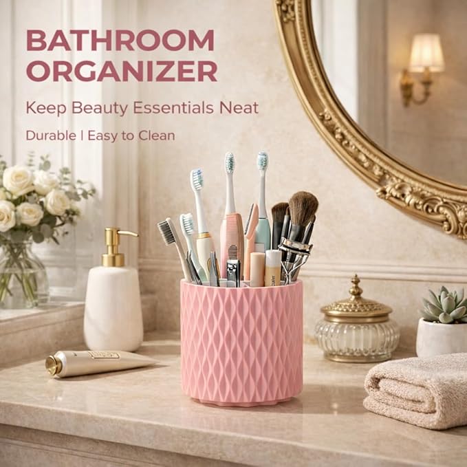 Makeup Brush Holder Organizer, 360° Rotating 5-Slot Make up Brushes Cup for Cosmetic, Lipstick, Hair Brush Holder - Spinning Vanity Countertop Caddy for Bathroom, Dorm & Office, Pink