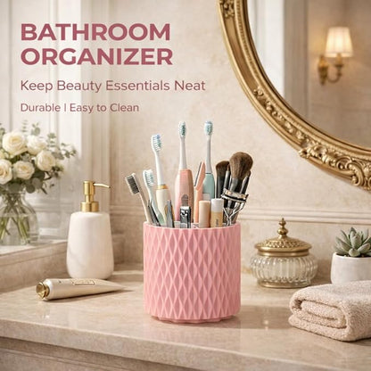 Makeup Brush Holder Organizer, 360° Rotating 5-Slot Make up Brushes Cup for Cosmetic, Lipstick, Hair Brush Holder - Spinning Vanity Countertop Caddy for Bathroom, Dorm & Office, Pink