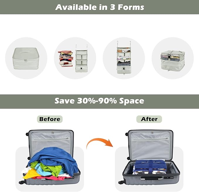 Surblue Hanging Closet Storage Bag Collapsible 3-Shelf Washable Oxford Fabric with 2 Hooks (L 11.41 * 11.41 * 19.68in, Light Gray)