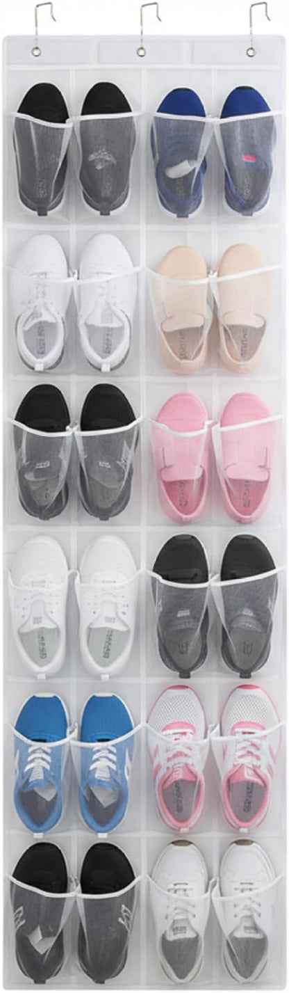 Over the Door Shoe Organizer Shoe Hanger for Door 24 Mesh Pocket Over the Organizer Space Saving Hanging Storage Holder with Hooks 64x19 Inch White